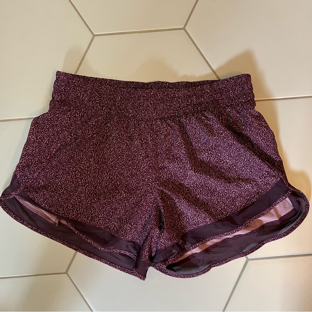 Athleta Small Printed Mesh Racer Run 4 Shorts Purple Lined